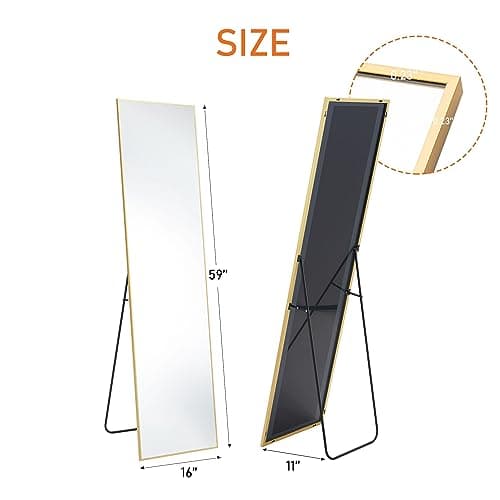 Sweetcrispy 59"x16" Full Length Full Body Floor Mirror Standing Hanging or Leaning Wall Mirror with Stand Aluminum Alloy Thin Frame for Bedroom Cloakroom, Gold 6