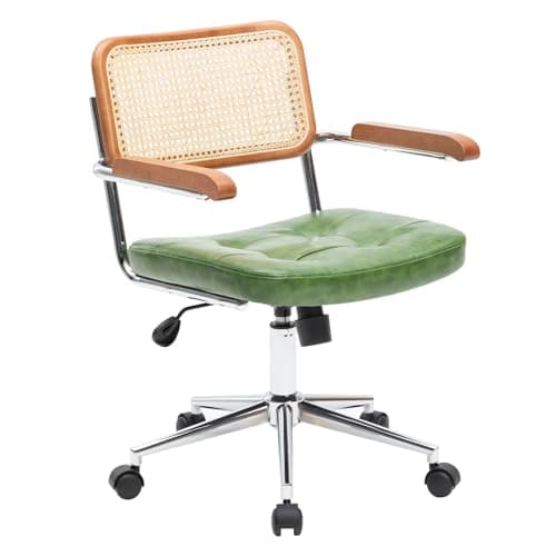 BALIAA Rattan Office Chairs, Modern Rattan Desk Chair with Natural Back & Wood Armrest, Small Upholstered Tufted Leather Home Office Desk Chairs for Home Office, Bedroom, Study, Green 8