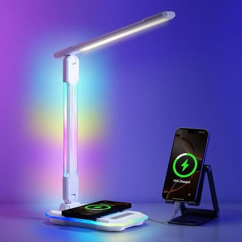 WILIT Desk Lamp for College Dorm Room, RGB Gaming Desk Light with Wireless Charging & USB Port, Gamer lamp Sound Reactive,3 Color Modes 5 Brightness,Reading Lamp Touch Control for Home Office,Study
