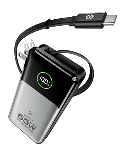 MOVE SPEED Portable Charger Laptop Power Bank 20000mAh 65W, Travel Essentials Battery Pack with Built-in Retractable USB-C Cable & Wall Plug, for MacBook/iPhone 17/16/15/iPad/Galaxy/Dell/HP and More