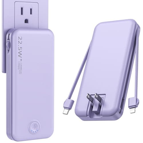 Nusyddy Portable Charger, 12000mAh 22.5W Fast Charging Power Bank with Built-in Cables & Wall Plug, Travel Essential External Battery Pack, USB C Battery Phone Charger for iPhone, iPad, Samsung Purple