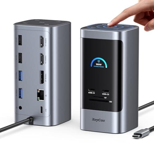 RayCue 15 in 1 Laptop Docking Station 3 Monitors, Triple 8K Display with 3 HDMI, 6 USB Ports, 5 Shortcut Button, Gigabit Ethernet, PD3.0, Smart Display for Windows/Dell/Lenovo/HP...(No Power Adapter)