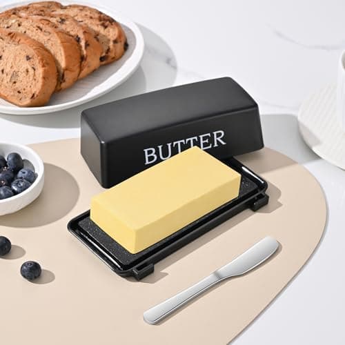 Butter Dish With Cover And Knife,Food Grade Plastic Butter Holder With Lid For Countertop,Black Dishwasher Safe Butter Storage Container 7