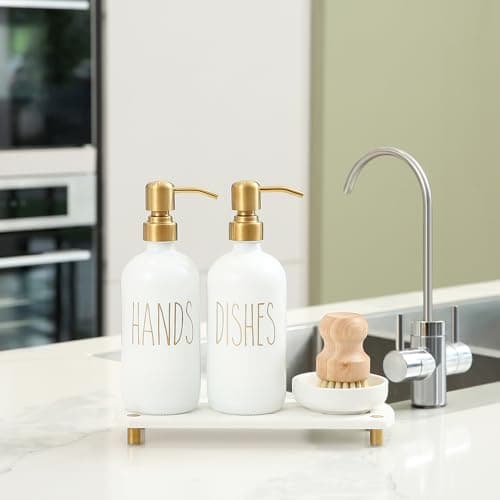 MOMEEMO Gold Soap Dispenser Set Comes with Stainless Steel Pumps, Instant Dry Tray, and Dish Scrub Brush, Suitable for Kitchen Decor and Accessories. (Gold) 7