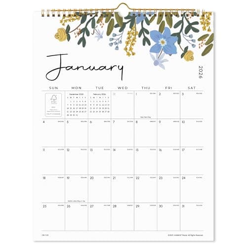 Cabbrix Wall Calendar 2026, 18 Monthly Calendar from Jan 2026 - Jun 2027, 15 x 12 Inches, Hanging Hook, Twin-Wire Binding, Floral Design Calendar for Easy Organizing (Flora)