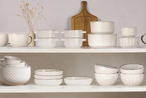 KooK Ceramic Mixing Bowls, Nesting Set of 4, Embossed Kitchen Dishware, Prep, Serving, Gift, Microwave and Dishwasher Safe, 20/44/98/145 oz, Narbonne Collection (Ivory) 5