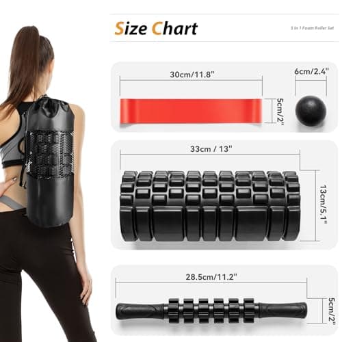 5 in1 Foam Roller Set, Trigger Point Foam Roller, Massage Roller Stick, Massage Ball, Resistance Band for Deep Muscle Massage Pilates Yoga,Fitness Exercise for Whole Body (Black-Red) 7