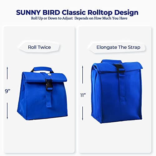 SUNNY BIRD Insulated Lunch Bag Rolltop Lunch Box Tote Lunchbox Bag for Women, Men, Adults and Kids (Blue) 3