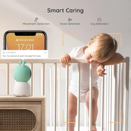 BOIFUN 2K WiFi Baby Monitor with Camera and Audio,Smartphone APP, Colorful Night Light, Smart AI Motion & Sound & Humidity & Temperature Detection, Auto Tracking,5-Inch Monitor Control, Night Vision 5