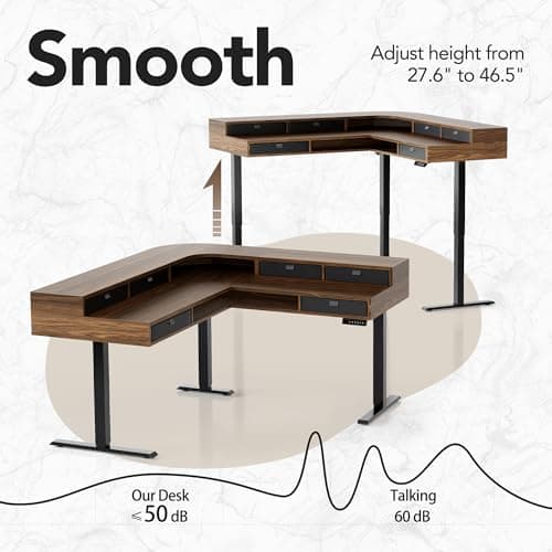 HUANUO 65.5" × 57.6" Electric L Shaped Standing Desk with 6 Storage Drawers, 2-Tier Corner Sit Stand Desk with Power Strip Tray & Cable Grommets, Height Adjustable Computer Gaming Table, Walnut 7