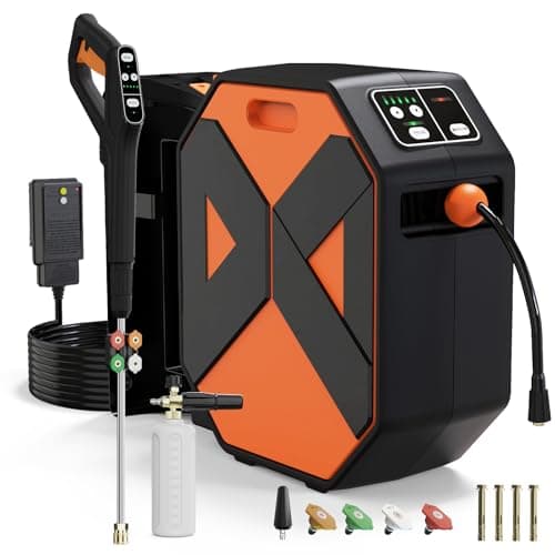 Buyplus Wall Mounted Pressure Washer, Remote Controlled with 100FT Retractable Hose, GFCI Power Cord, Foam Cannon, 5 Nozzles for Cars, Driveways