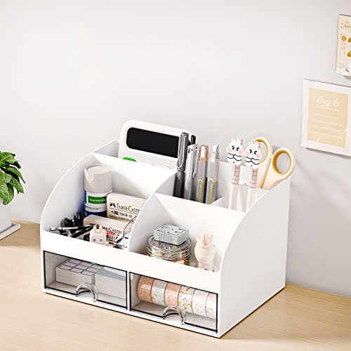 COMFYROOM Desk Organizer with 6 Compartments and 2 Drawers, Plastic Makeup Organizer, Pen Holder for Desktop Storage, Desk Organization for School, Home, Office Supplies (White) 6