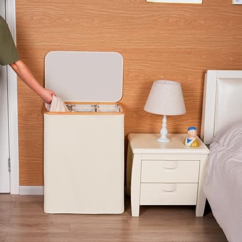 efluky Laundry Hamper with Lid, Trio Laundry Hamper with 3 Removable Bags, 3 Section Laundry Basket with Bamboo Handles for Bathroom, Bedroom & Laundry Room, 160L Beige 5