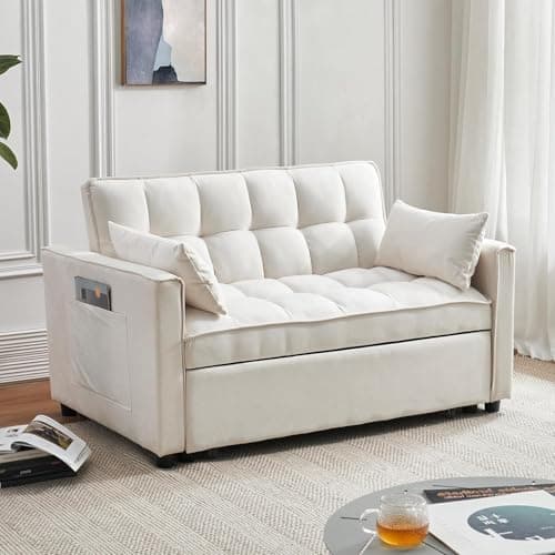 FENFSHE Modern Velvet Convertible Sofa Bed with Adjustable Backrest and Storage Pockets - Stylish and Functional Addition to Any Living Space (Beige)