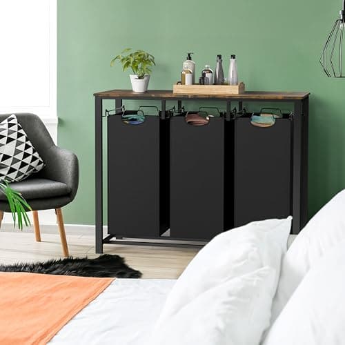 Simple Houseware 3-Section Laundry Sorter with Tabletop Shelf, 3 Pull-Out 10-Gallon Hampers, Metal Frame Laundry Organizer for Bedroom, Bathroom, Rustic Brown 9