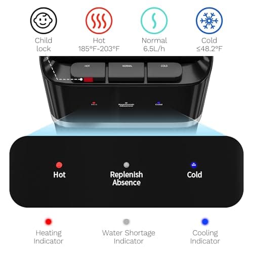 Manastin Bottom Loading Water Cooler Dispenser for 5 Gallon Bottles, Stainless Steel Water Cooler with 3 Temperature Settings - Hot, Cold & Room Water, Ideal Design for Home & Office, Onyx Black 5