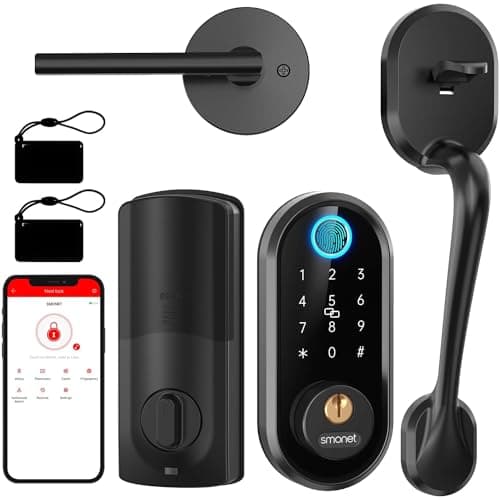 Smart Front Door Lock Set: SMONET Keyless Entry Door Lock Deadbolt with Handle Set Keypad Fingerprint Locks Alexa Electronic Digital Locksets with Bluetooth APP/IC Cards/Auto Lock, Matte Black