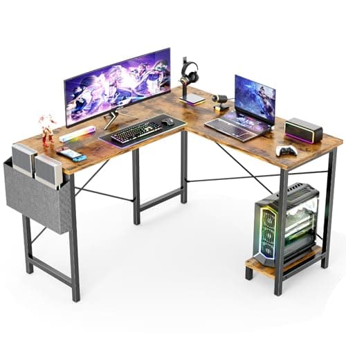 Sweetcrispy L Shaped Computer Desk - Gaming Corner 80 Inch PC White Writing Study Student Table with Wooden Desktop CPU Stand Side Bag Reversible for Home Office Room Small Space, Rustic