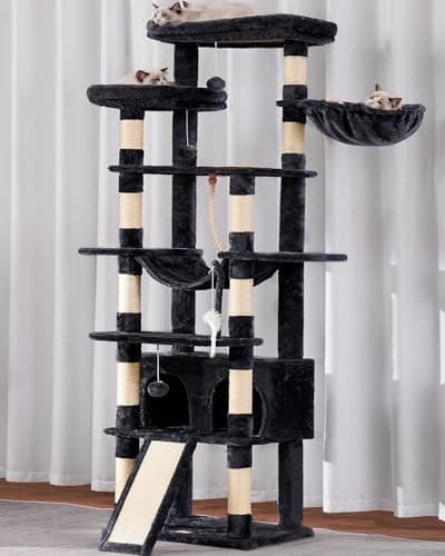 Heybly Tall Cat Tree, 78-inch Multi-Level Cat Tower for Indoor Cats, 2 Widened Plush Perches Cat Condo with Scratching Board and Big Caves, Smoky Gray HCT033G 6