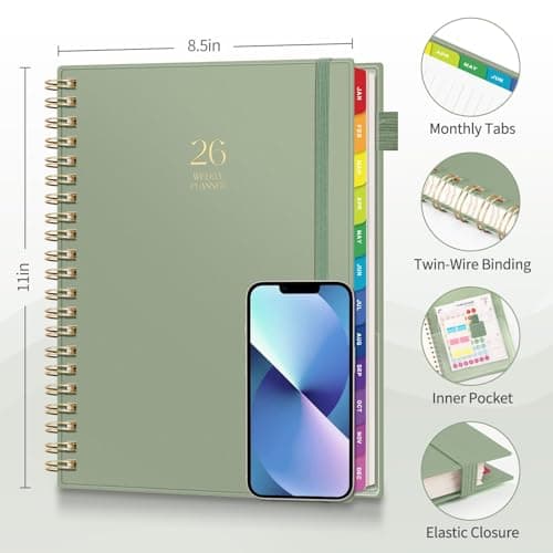 EMSHOI 2026 Planner Weekly and Monthly, Large A4 8.5x11, Jan-Dec 2026 Calendar Agenda with Monthly Tabs, Note Pages, 100GSM Thick Paper, Flexible Cover for Business Work School Academic, Light Green 5