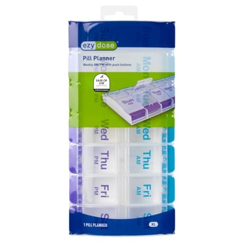EZY DOSE Push Button (7-Day) Pill Case, Medicine Planner, Daily Vitamin Organizer, 2 Times a Day AM/PM, X-Large Compartments, Arthritis Friendly, Easy to use, Clear Lids, Purple and Blue, BPA Free 7