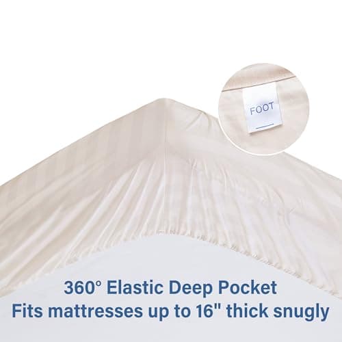 100% Egyptian Cotton Fitted Sheet Twin Size Only, 600 Thread Count, 8"-16" Deep Pocket Sateen Weave Bottom Sheet, Soft Breathable Hotel Quality, Foot Side Indicator (Twin, Striped Ivory) 4