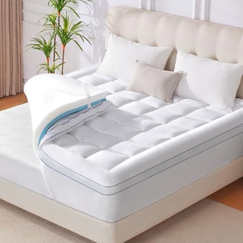 Eiayeebil King Memory Foam Mattress Topper, 4 Inch Dual Layer Mattress Pad with Pillow Top Mattress Topper King Size Bed Cover, Support for Back Pain (White)