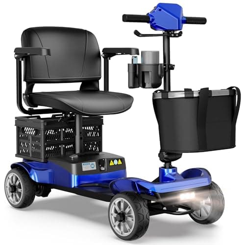 Foldable 4-Wheel Mobility Scooter for Adults – Portable Motorized Scooter with 330 lbs Capacity, Detachable Battery, Dual Baskets, Cup & Phone Holder, Blue
