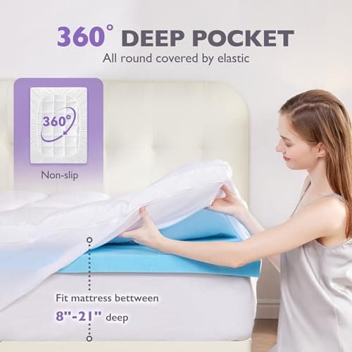 SINWEEK Dual Layer 4 Inch Memory Foam Mattress Topper Full Size, 2 Inch Cooling Gel Memory Foam Plus 2 Inch Extra Thick Pillowtop Cover, Pressure Relieve Soft Mattress Pad,Blue 6