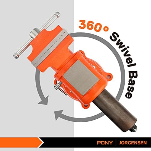 PONY Heavy Duty Bench Vise, 5-inch Jaw Width and Opening, 360-Degree Swivel Base With Anvil, Utility Combination Pipe Home Vise for Woodworking, One-Pair Vise Jaw Pad Included 5