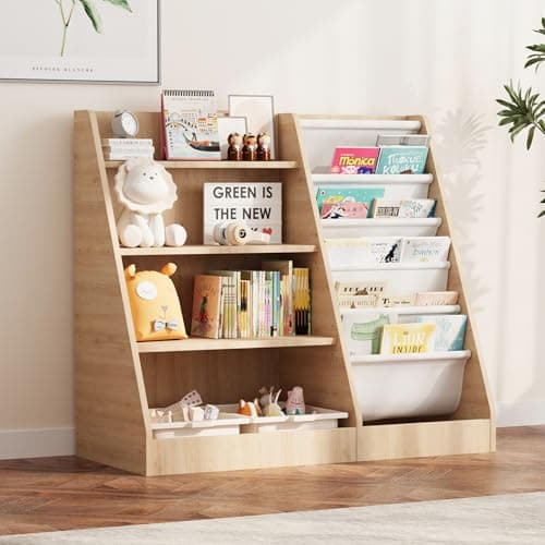 HedoAjim 4 Tier Kids Wooden Bookshelf,Five Layer Sling Children Bookcase,Baby Storage Book Rack,Book and Toy Organizer Cabinet Chest,Book Display Shelf,Playroom Nursery Classroom Library