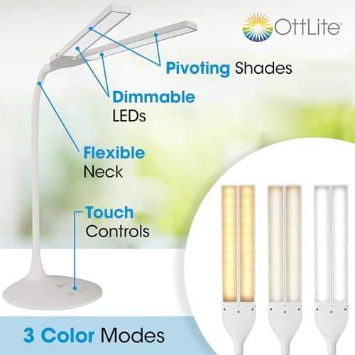 OttLite Dual Shade LED Desk Lamp - 3 Color Temperature Modes, Auto Shut-Off Timer, Adjustable Neck & Touch Activated Controls - Crafting, Sewing, & Studying 2