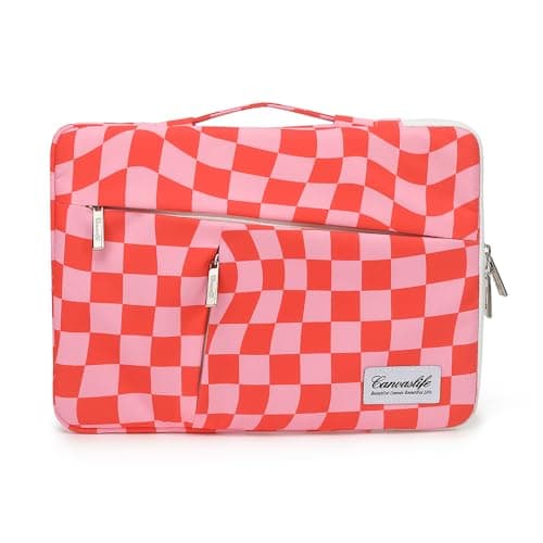 canvaslife 360° Protected Waterproof Laptop Sleeve Suitcase Bag with 3 Pockets, Laptop Bag with handling and Luggage Strap (Pink Check, 12.5 inch-13.5 inch)