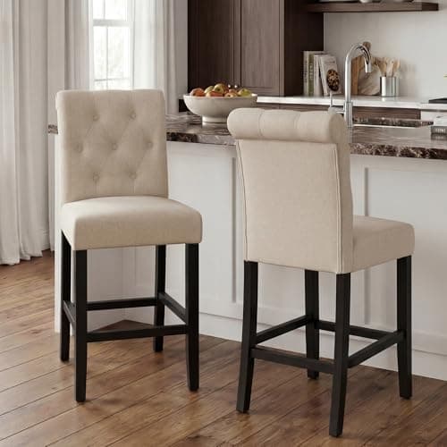 GOTMINSI 24 Inch Beige Fabric Counter Stools,Set of 2 Upholstered Back Counter Height Chairs with Button Tufted Decoration Leisure Style Counter Bar Stools Home Kitchen Island Wooden Bar Chairs