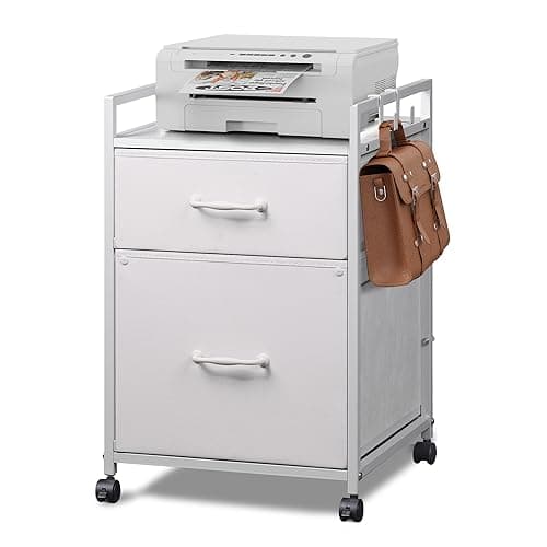 DEVAISE 2 Drawer Mobile File Cabinet, Rolling Printer Stand with Fabric Drawer, Vertical Filing Cabinets with Hanging Folders Fit A4 or Letter Size for Home Office, White