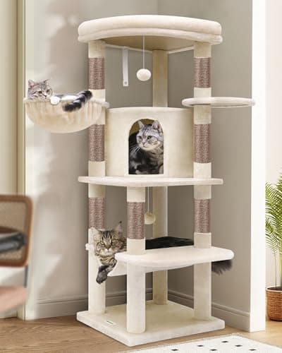 Globlazer Corner Cat Tree, 51in Curved Series Modern Cat Tower for Indoor Cats with Hammock, 7 Sisal Scratching Posts, Large Fan-Shaped Platform for Large Cats, Cat Condo & Hanging Basket, C51, Beige​