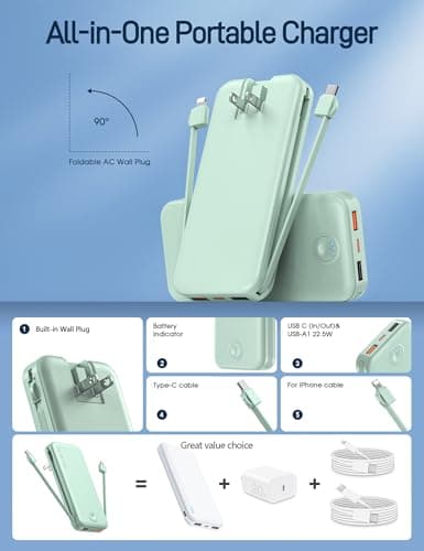 Nusyddy Portable Charger, 12000mAh 22.5W Fast Charging Power Bank with Built-in Cables & Wall Plug, Travel Essentials External Battery Pack, USB C Battery Phone Charger for iPhone, iPad, Samsung Green 3