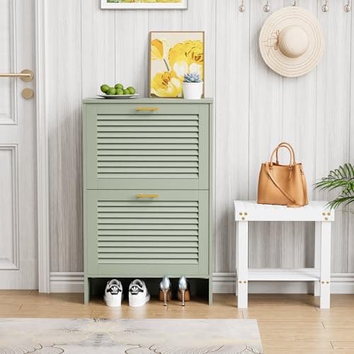 Glavbiku Shoe Storage Cabinet with 2 Flip Drawers, Louvered Shoe Cabinet for Entryway, Narrow Hidden Storage Organizer Space Saving, Shoe Rack Cabinet for Hallway Foyer, Green 8