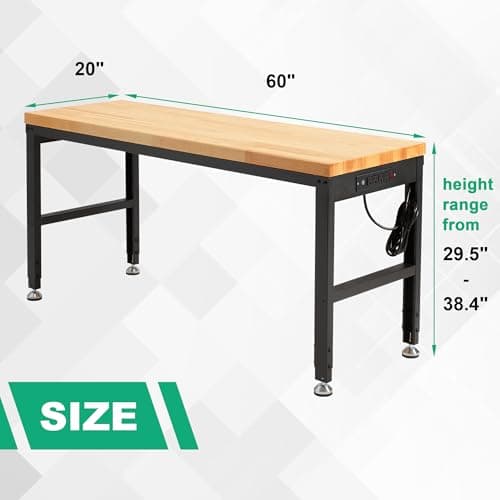 HABUTWAY Height Adjustable Workbench, 60"x20" 2000 Lbs Capacity Solid Wood Work Station Heavy-Duty, with Power Outlets, for Garage Party Shop Office 5