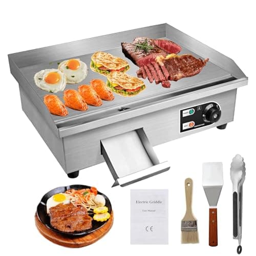 PROMOTOR 22" Electric Countertop Flat Top Griddle 1600W 110V Non-Stick Commercial Restaurant Teppanyaki Grill Stainless Steel Adjustable Temperature Control 50~300℃