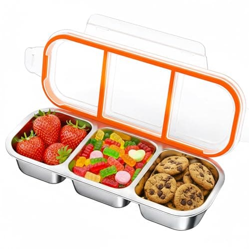 QCQHDU Bento Lunch Box Stainless Steel Snack Containers, Reusable Stainless Steel 3-Compartment Condiment Metal Bento Lunch Box with Lids, Divided Snack Food Storage Lunchable Containers, 1 Pack