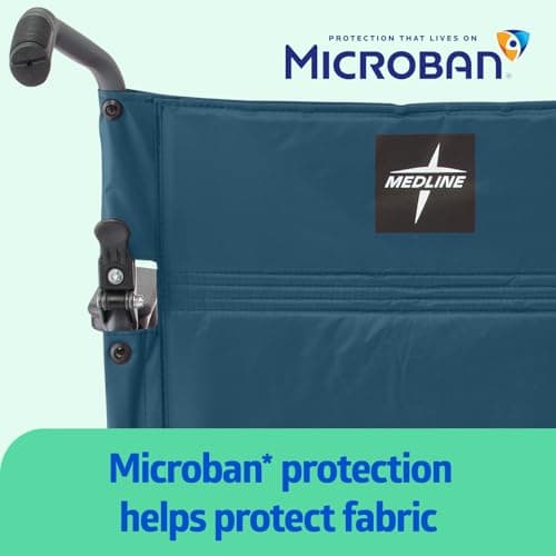 Medline Durable Folding Steel Transport Wheelchair with 12-Inch Wheels, 19-Inch Seat Width, Gray Frame, Microban, Teal Upholstery 5