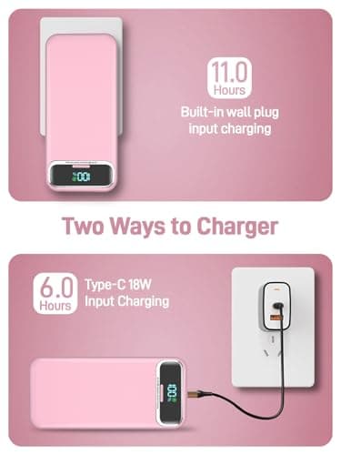 Portable Charger, 20000mAh 22.5W Fast Charging Power Bank with Built-in Cables & Wall Plug, Travel Essential External Battery Pack with LED Display, USB C Battery Phone Charger for iPhone Samsung Pink 5