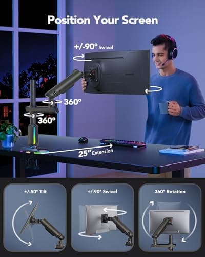 HUANUO RGB Heavy Duty Monitor Arm for Ultrawide Screens up to 57", Holds 44 lbs, Tall Ultrawide Monitor Stand with 29.1" Max Height, Fully Adjustable Single Computer Desk Mount, Max VESA 100x100mm 6