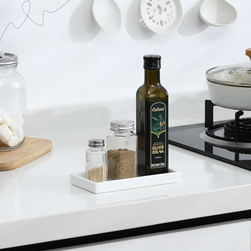 Luxspire Bathroom Vanity Tray, Mini Soap Dispenser, Small Ceramic Perfume and Jewelry Dish, Trinket Holder, Rectangle Candle Tray, Bath Organizer Kitchen Sink Narrow Dish, White 8