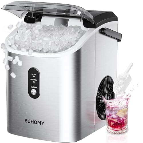 EUHOMY Nugget Ice Maker Countertop with Handle, Ready in 6 Mins, 34lbs Per Day, Removable Top Cover, Auto-Cleaning, Portable Sonic Ice Maker with Basket and Scoop, for Home/Party/RV/Camping (Silver)