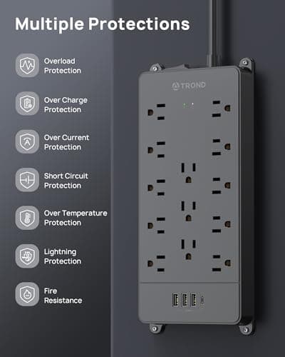 TROND Surge Protector Power Strip, 4000 Joules, ETL Listed, 13 Widely-Spaced Outlets Expansion with USB C Ports, Low-Profile Flat Plug, Wall Mountable, 5ft Extension Cord, 14AWG Heavy Duty, Black 8