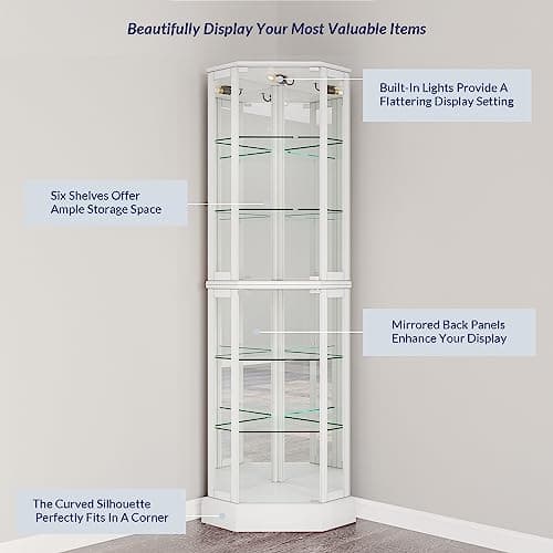BELLEZE Lighted 3-Side Glass Display Curio Cabinet with Tempered Glass Doors and Shelves, Curved Wood Corner Cabinet with Bulb, Corner Curio Storage Rack for Bar and Liquor Storage - Ashfield (White) 5