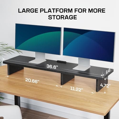 HUANUO Dual Monitor Stand Riser With Cable Clip - Desktop Storage Shelf Organizer for 2 Monitors, Computer, Laptop, Printer, TV 6