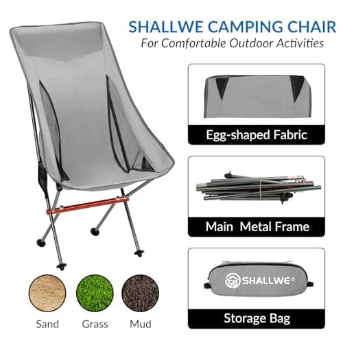 SHALLWE Ultralight High Back Folding Camping Chair, Upgraded 58cm Wide All Aluminum Frame for Adult, Built-in Pillow, Side Pocket & Carry Bag, Compact & Heavy Duty for Outdoor Backpacking(Silver) 5